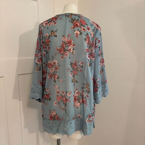 Y2K Rewind size XS Lightweight Boho Floral Rose Blue Ethereal Kimono Cardigan - Picture 1 of 4